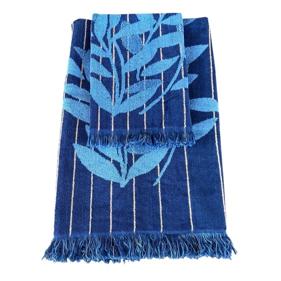 VTG Cannon Monticello Striped Leaf 2-Piece Bath Towel Set Blue MCM Retro USA GUC - Picture 6 of 10